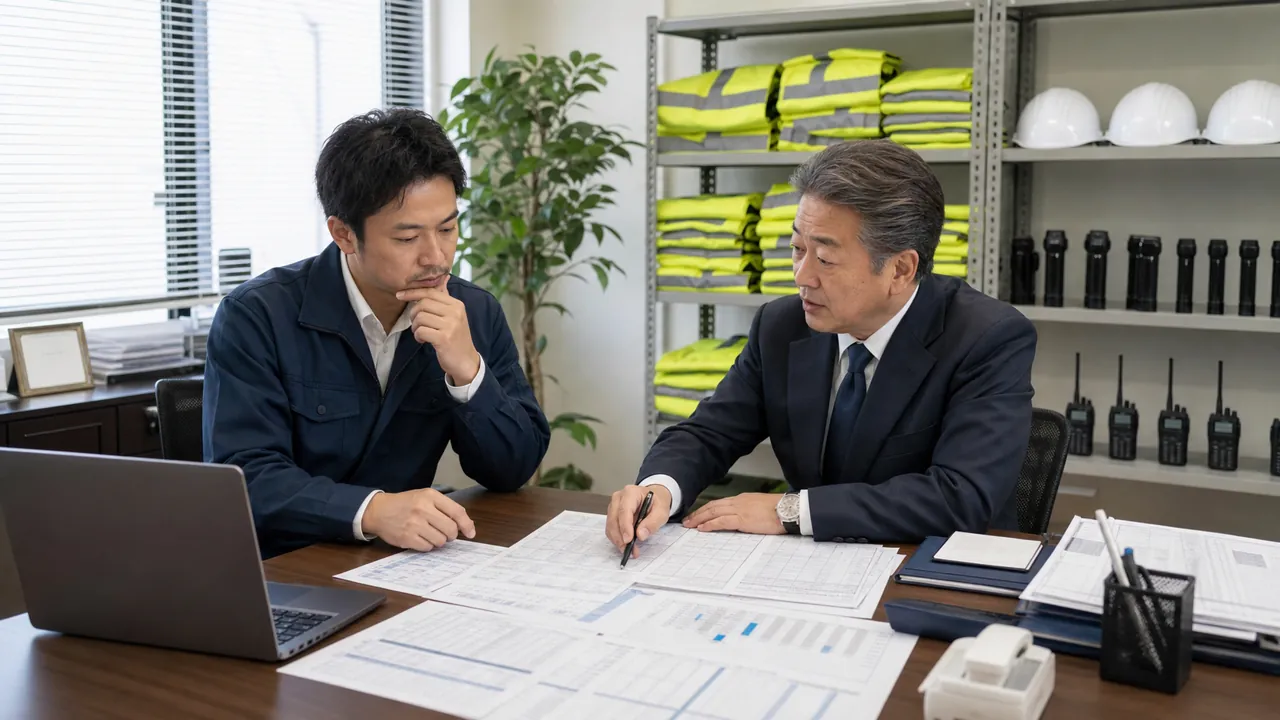 愛知県の警備会社で経営者と相談担当者が認定申請、教育計画、勤務シフトと給与資金を確認する場面