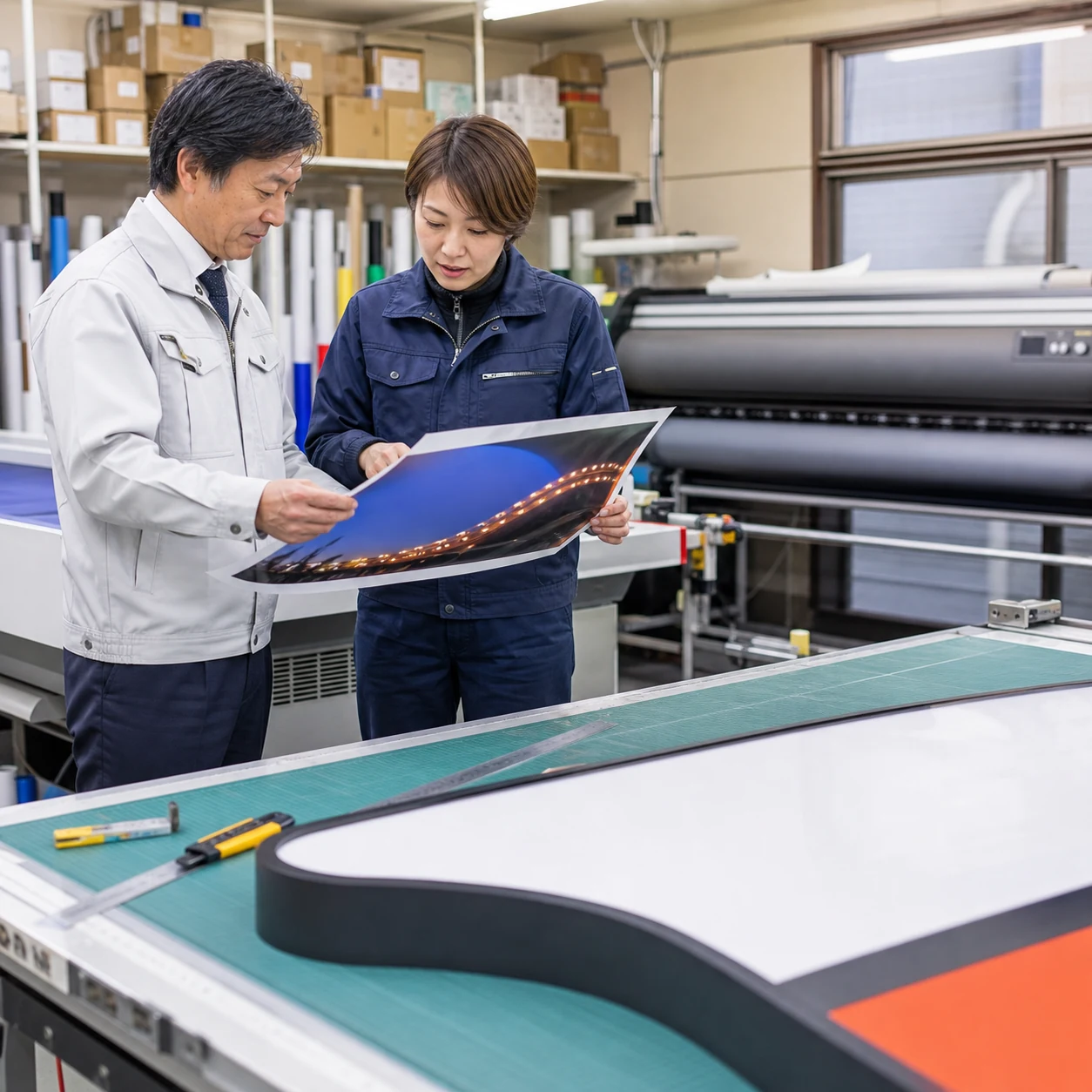 看板製作工場で出力・加工設備と案件工程を確認する場面