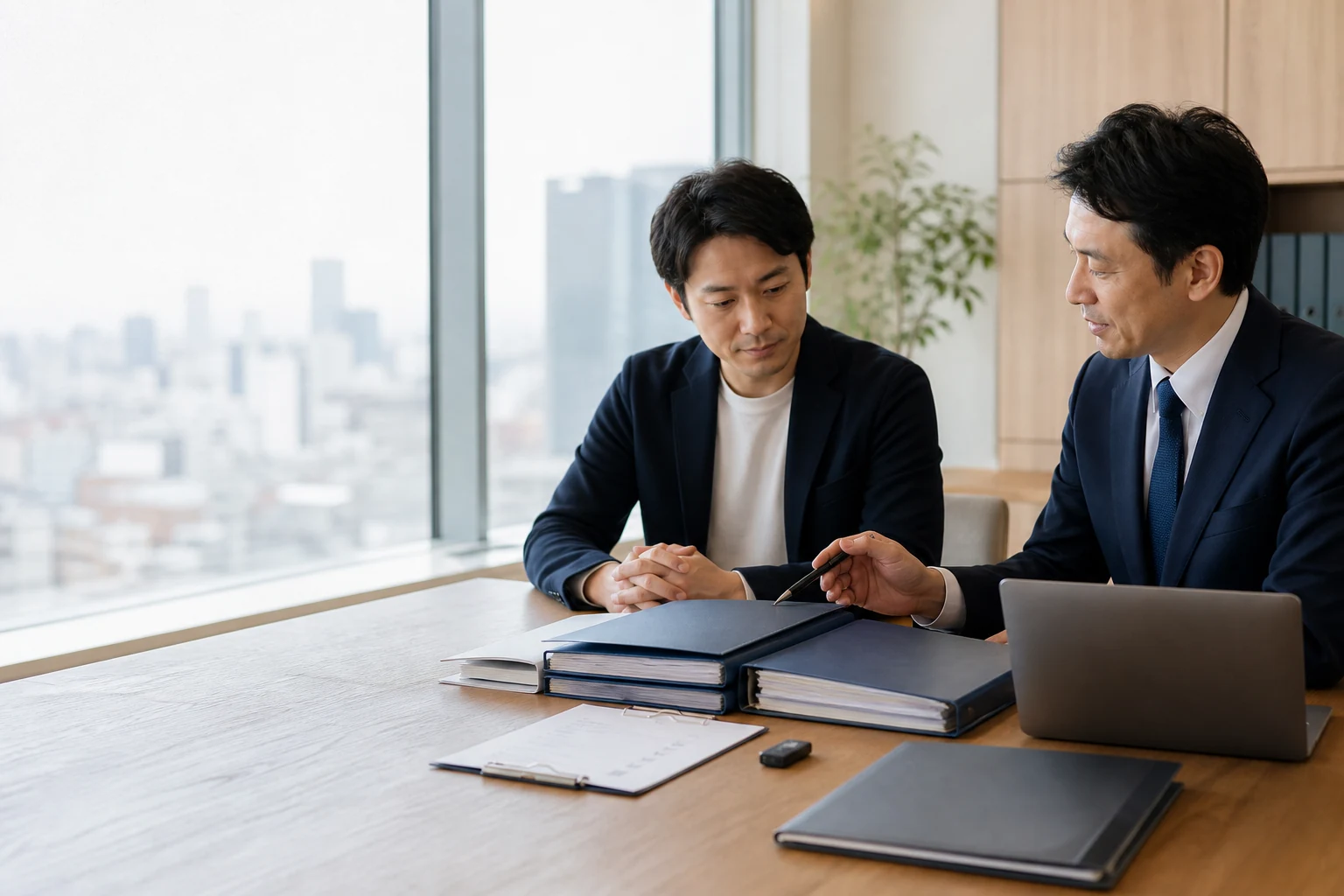 創業融資支援の引継ぎ資料を確認する創業者と担当者