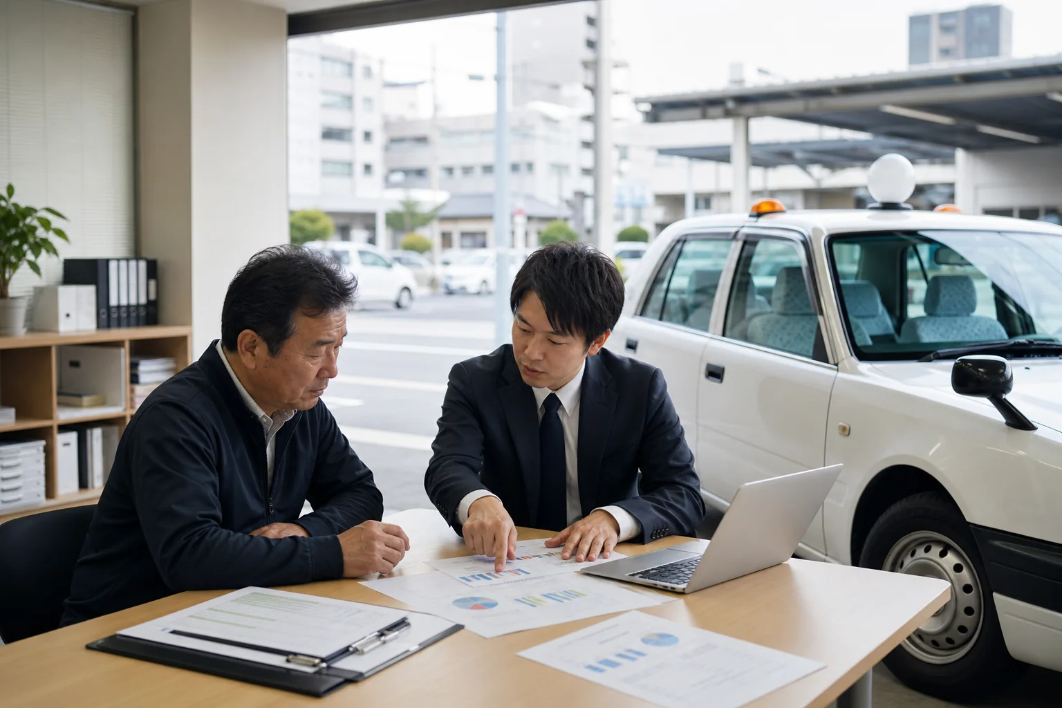 愛知県でタクシー事業を計画する経営者が車両見積りと資金計画を相談する場面