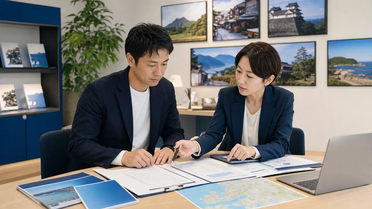 愛知県の旅行会社で経営者と相談担当者が旅行業登録、保証制度、予約精算と資金計画を確認する場面