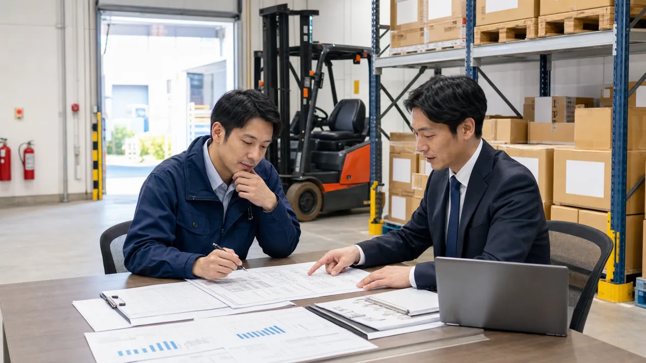 愛知県の営業倉庫で経営者と相談担当者が倉庫業登録、施設図面、保管能力と資金計画を確認する場面