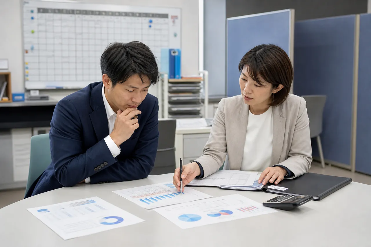愛知県で人材派遣会社を始める経営者と相談担当者が許可・配置・給与資金を確認する場面