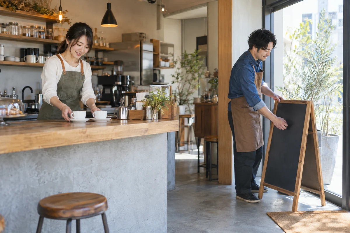 二人でカフェの開店準備をする架空の共同創業者。AI生成イメージ