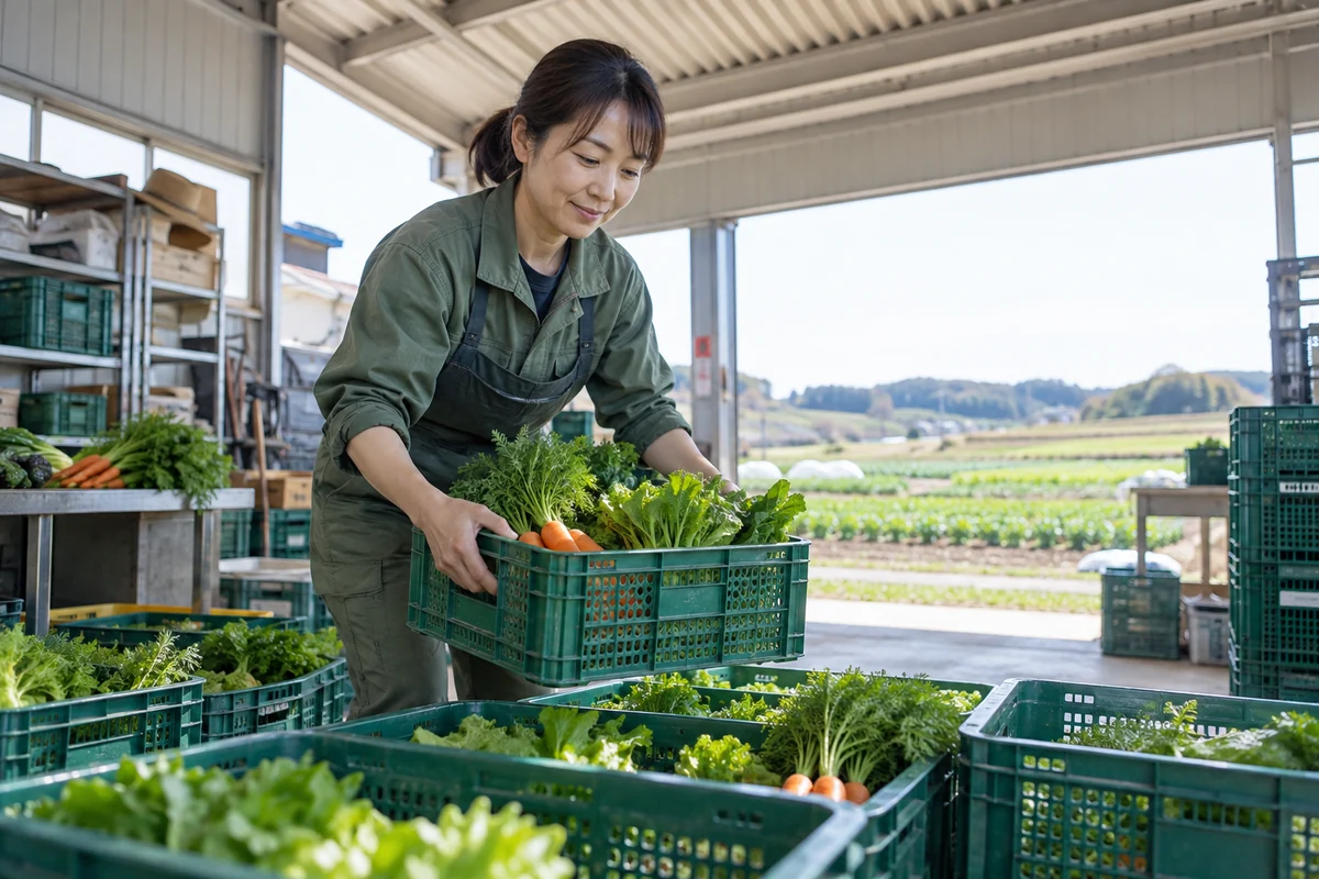 農作物の出荷準備をする架空の農業者。AI生成イメージ
