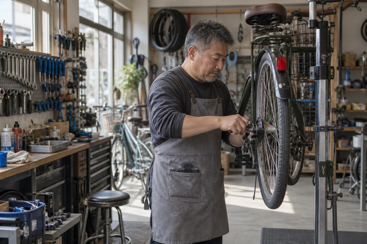 自転車修理店で整備をする架空の経営者。AI生成イメージ