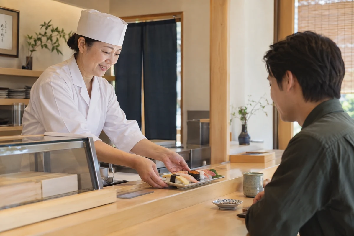 寿司を客へ提供する架空の店主。AI生成イメージ