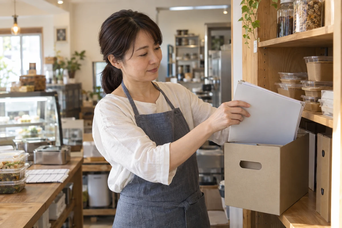惣菜店で契約書類を保管する架空の開業者(AI生成)