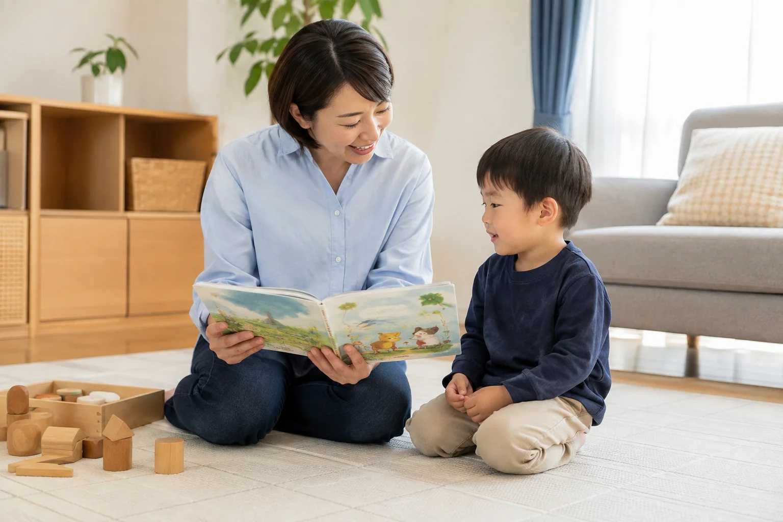 絵本を読むベビーシッターと子どもの仕事場面(AI生成イメージ)