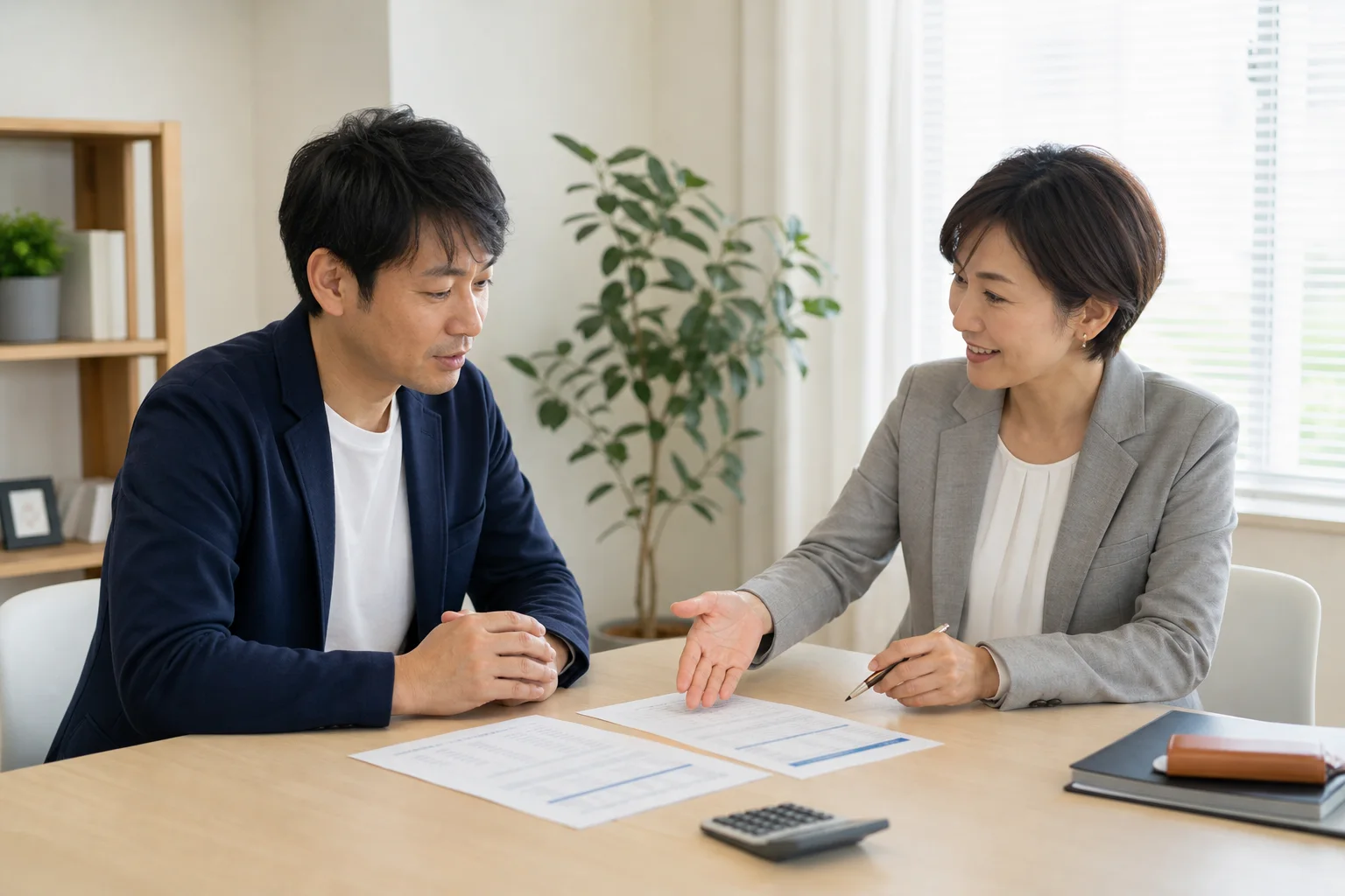 見積書と電卓を使って依頼内容を確認する2人(AI生成イメージ)