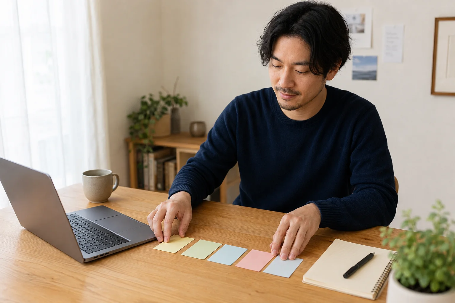 机で色の異なるメモを並べて事業の計画を整理する人物(AI生成イメージ)