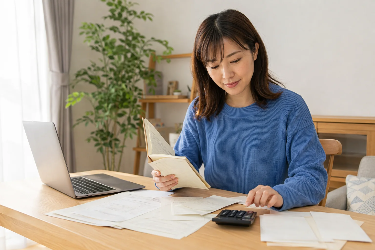 自宅で家計と開業準備のお金を整理する人物(AI生成イメージ)