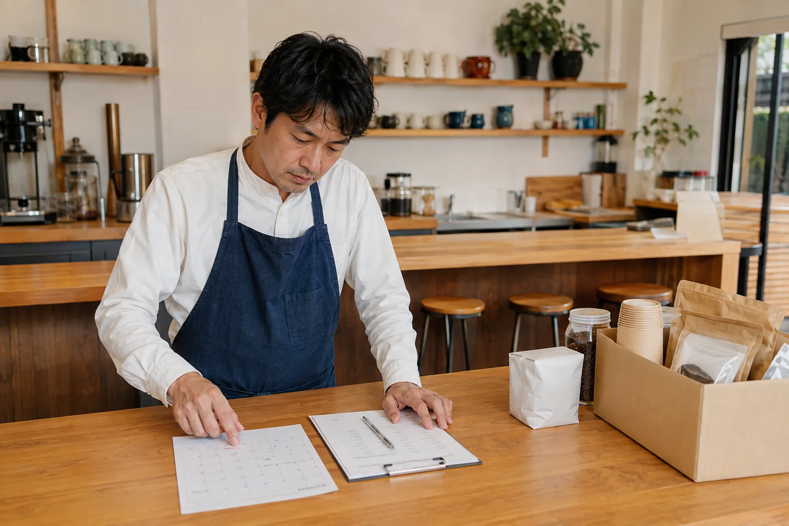 開店準備中のカフェで支払予定を確認する店主(AI生成イメージ)