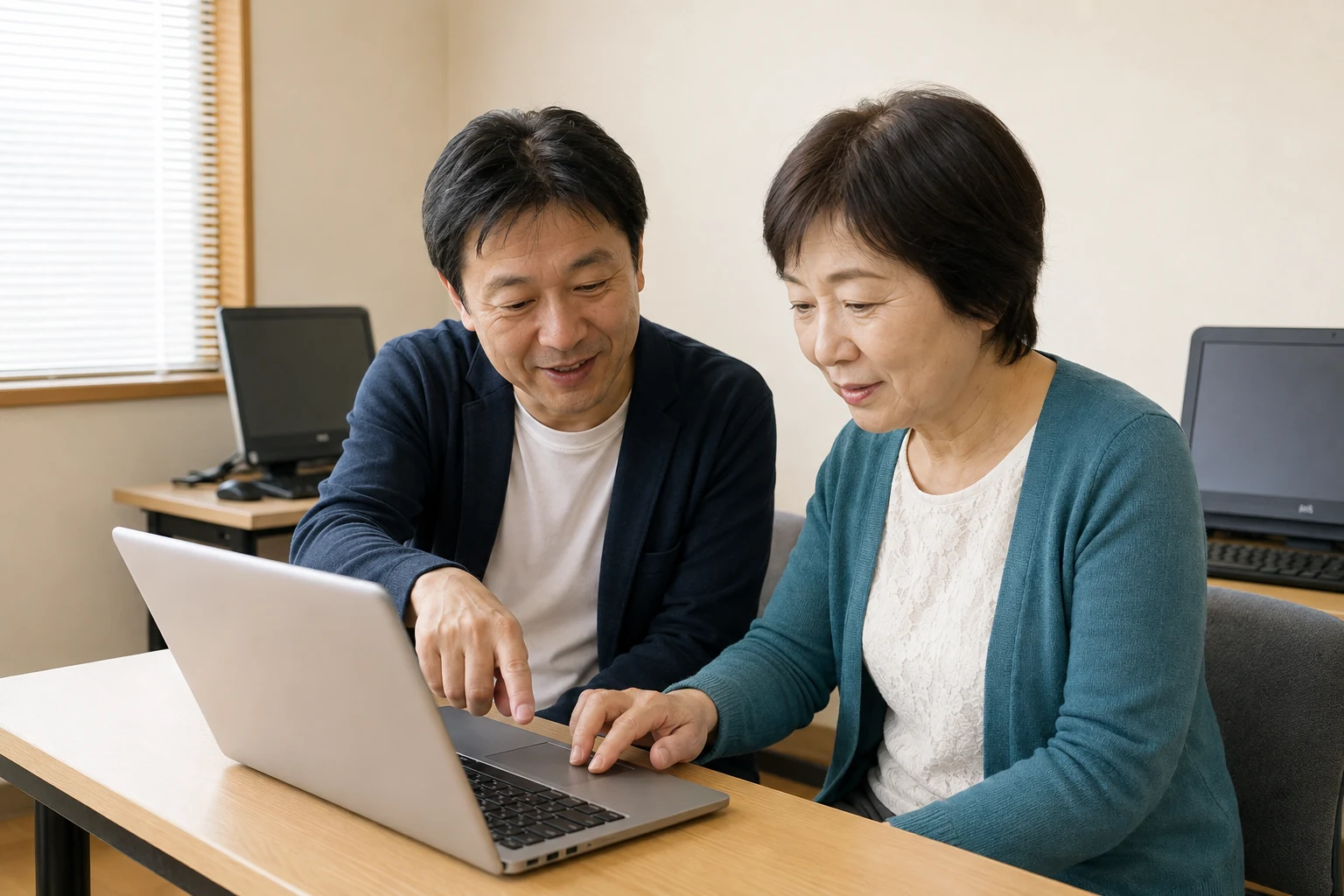 ノートパソコンを使う受講者に操作を教える講師(AI生成イメージ)