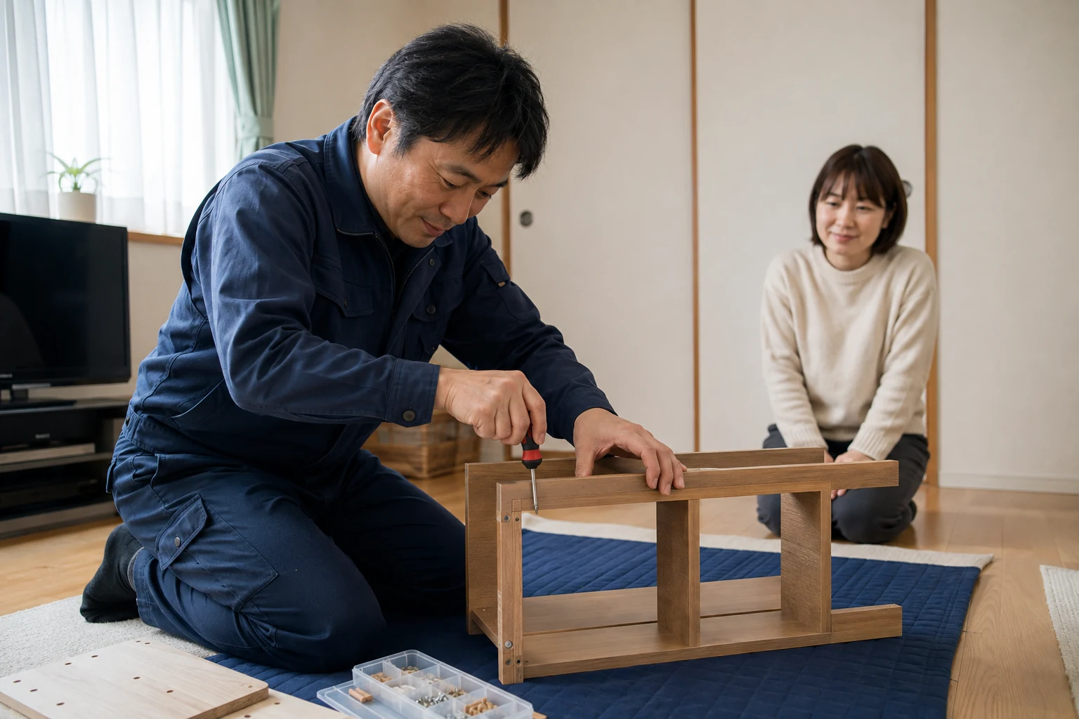 客宅で床を保護して木製の棚を組み立てる作業者(AI生成イメージ)