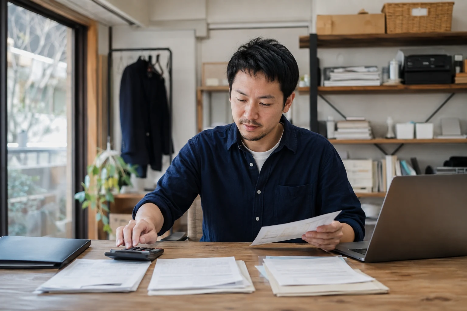 見積書と請求書を並べて支払いを整理する創業者(AI生成イメージ)