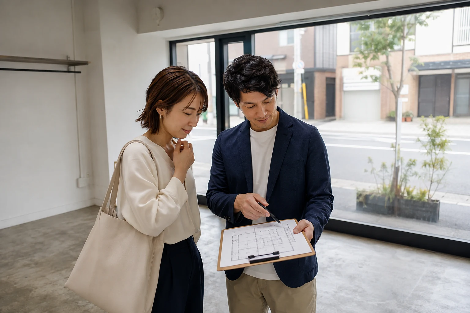 空き店舗で図面を見ながら開業準備を相談する2人の創業者(AI生成イメージ)