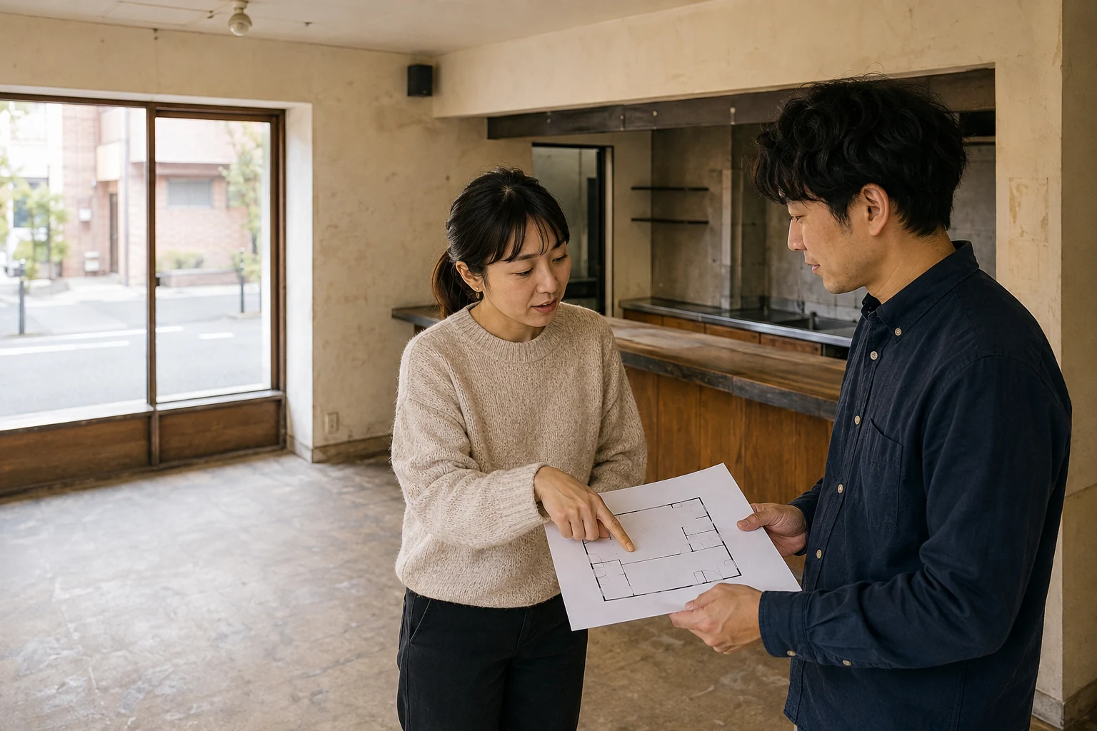 空き店舗で図面を見ながら内装と設備配置を確認する創業予定者たち(AI生成イメージ)
