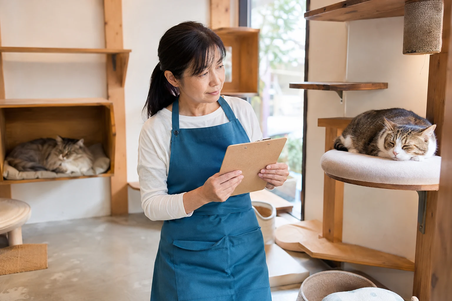 清潔で静かな猫の休息スペースで日々の世話を確認する開業者(AI生成イメージ)