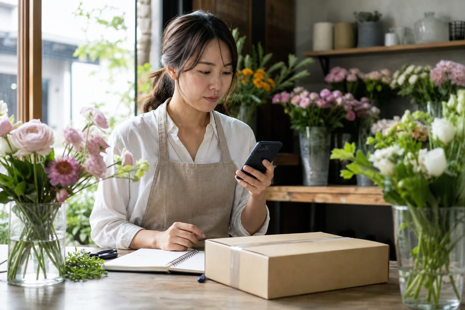 開店準備中の花店でスマートフォンと予定表を確認する創業者(AI生成イメージ)