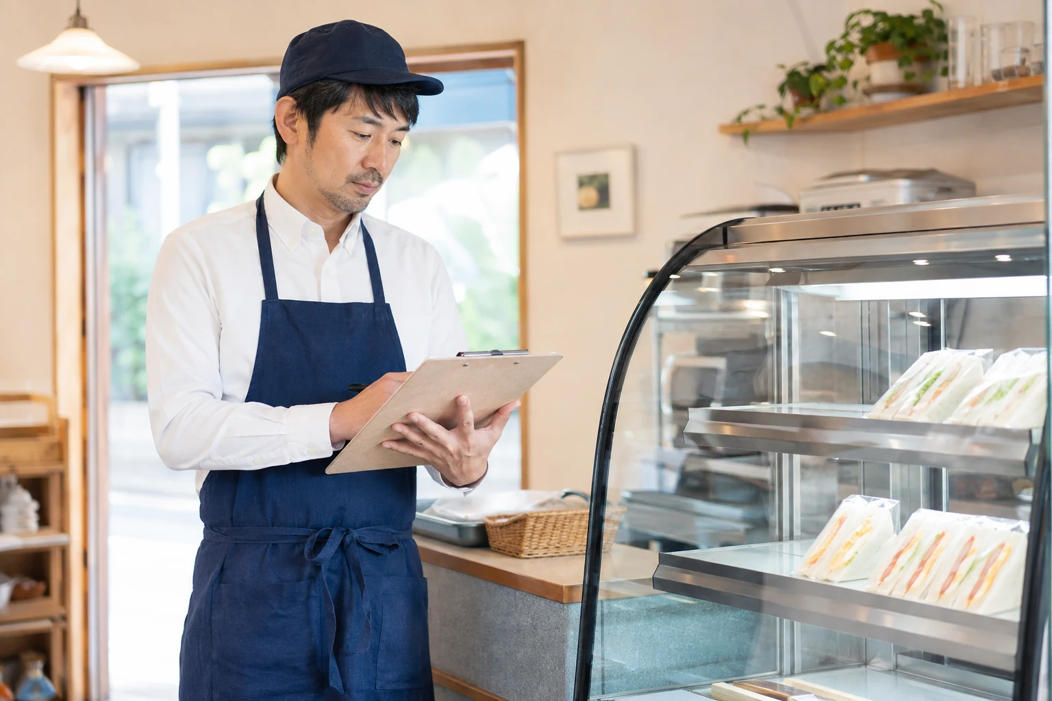 冷蔵ショーケースの横で販売計画を確認するサンドイッチ店の開業者。AI生成イメージ。
