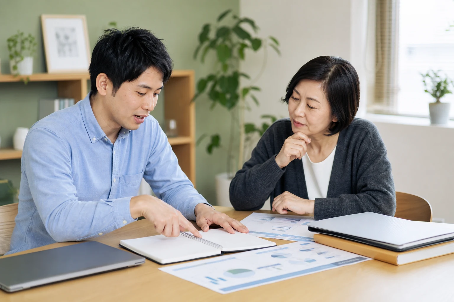 創業者が資料を指しながら相談担当者と準備内容を確認する場面。人物は架空のAI生成イメージ。