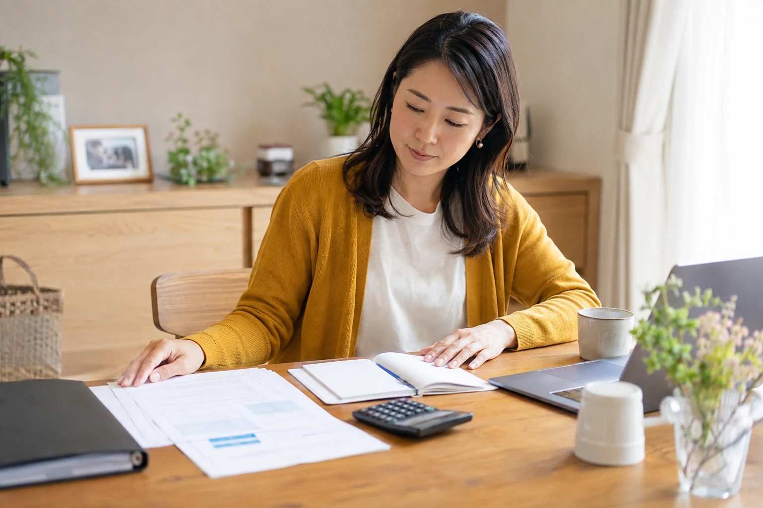 自宅で家計と事業の資料を分けて開業準備を進める女性。AI生成イメージ。