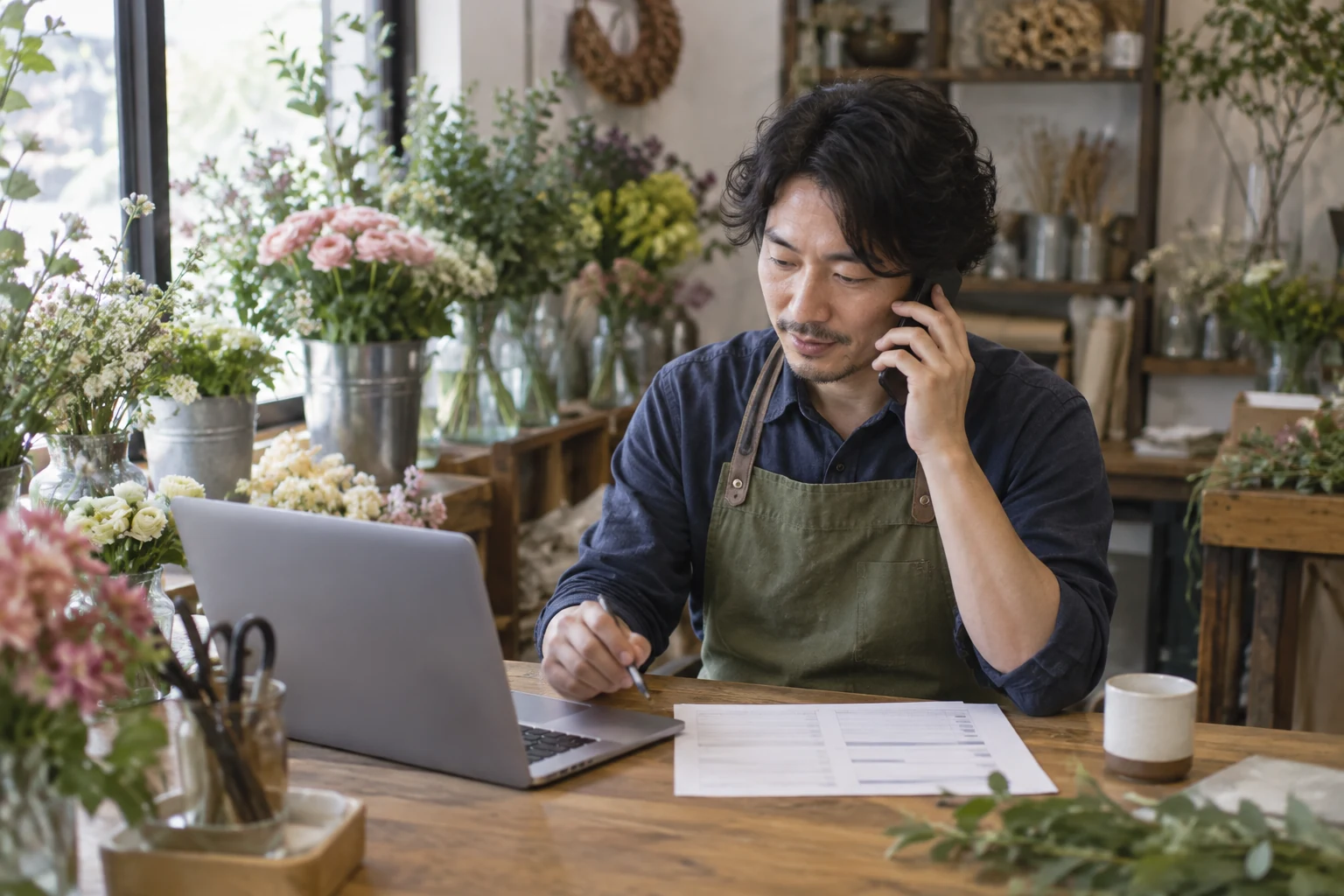 花店で納品日程の資料を見ながら電話で確認する男性店主。AI生成イメージ。