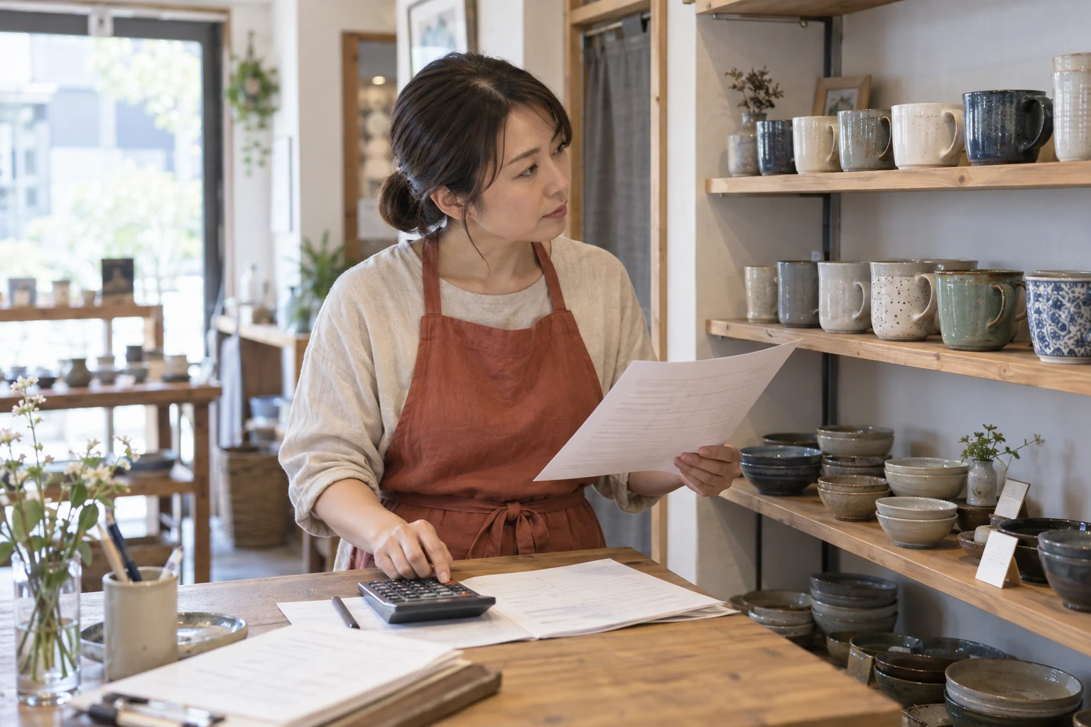 陶器の小売店で在庫と月次売上の資料を照合する女性店主。AI生成イメージ。