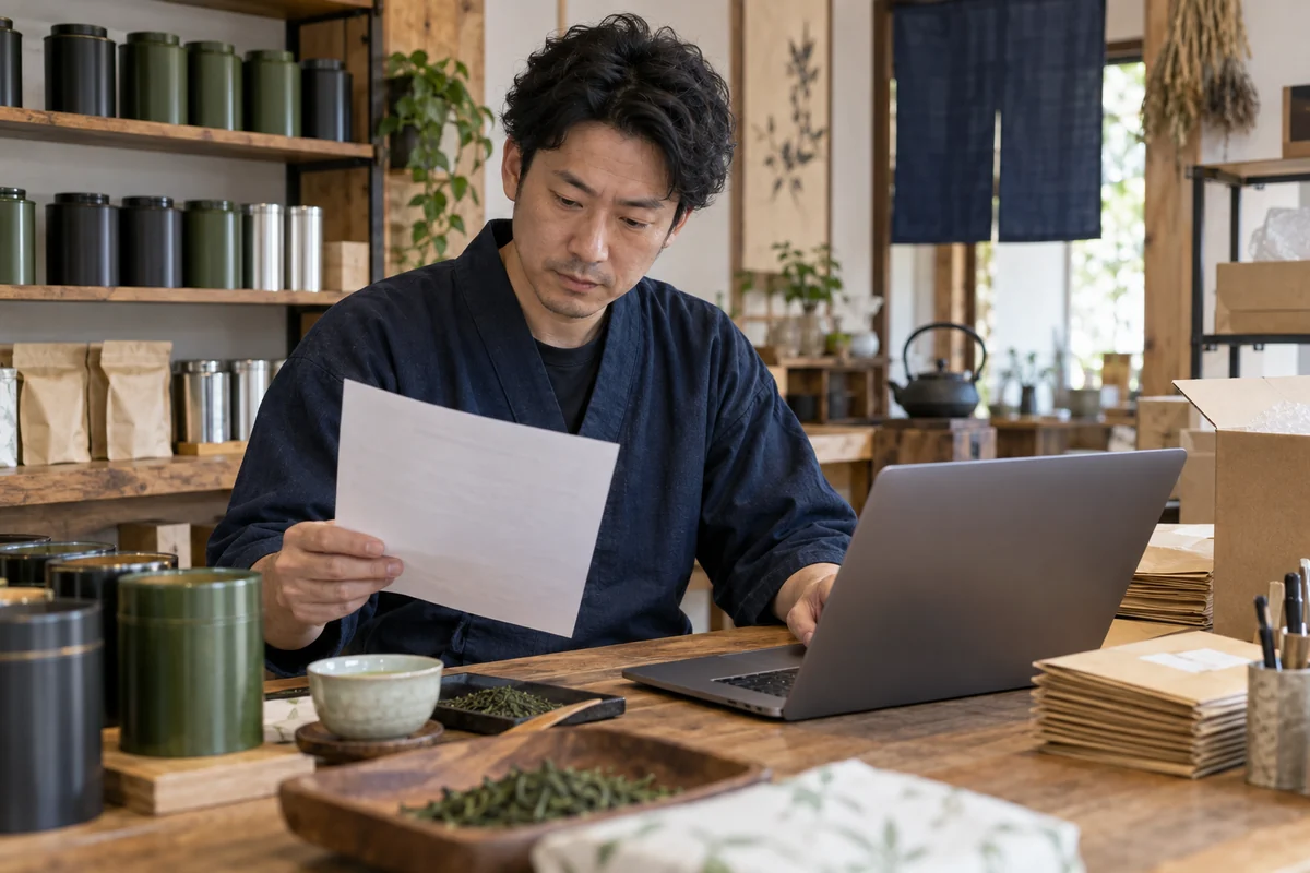 茶の包装作業場で創業者が公庫の郵送書類とパソコン画面を確認するAI生成の架空イメージ
