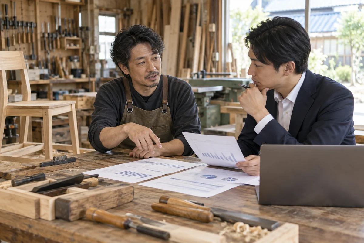 家具工房の創業者が仕事場で支援会社の実績資料を確認するAI生成の架空イメージ