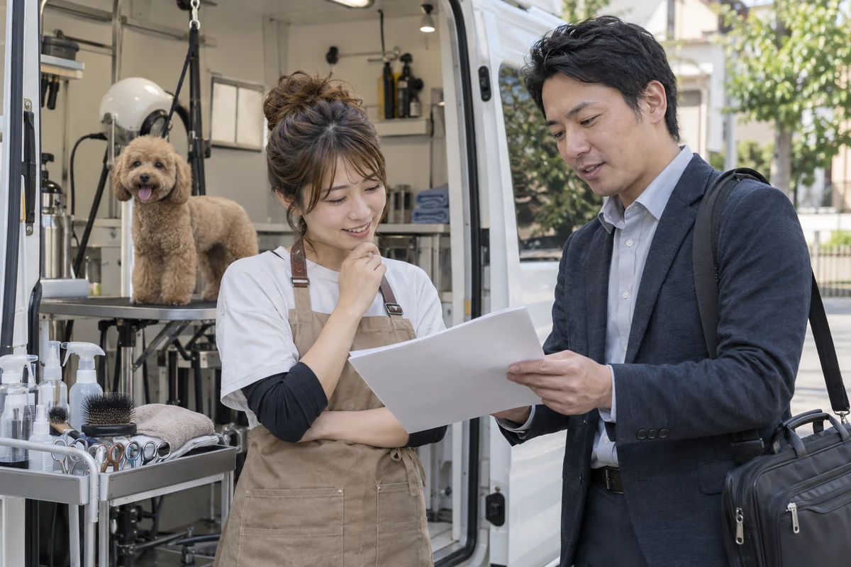 移動ペットグルーミング事業の創業者が仕事用車両の前で別の専門家と計画書を確認するAI生成の架空イメージ