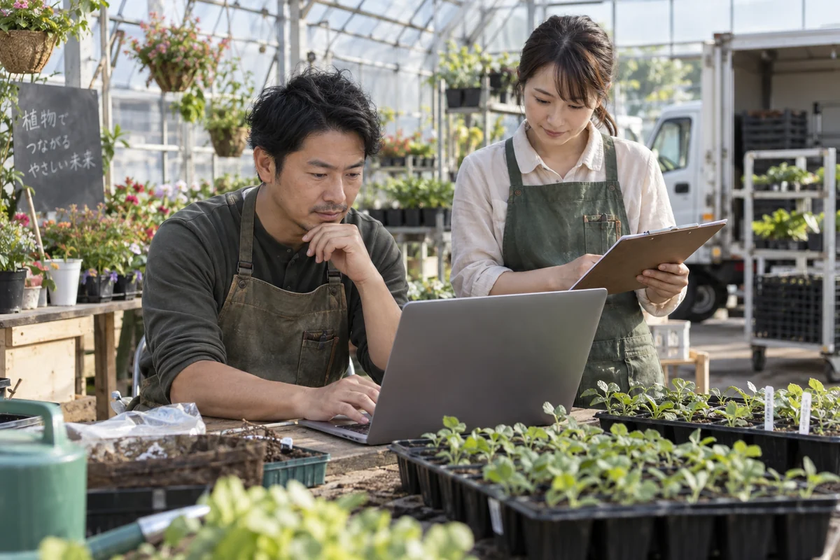 苗店の創業者が温室の仕事場で電子契約の案内メールを確認するAI生成の架空イメージ