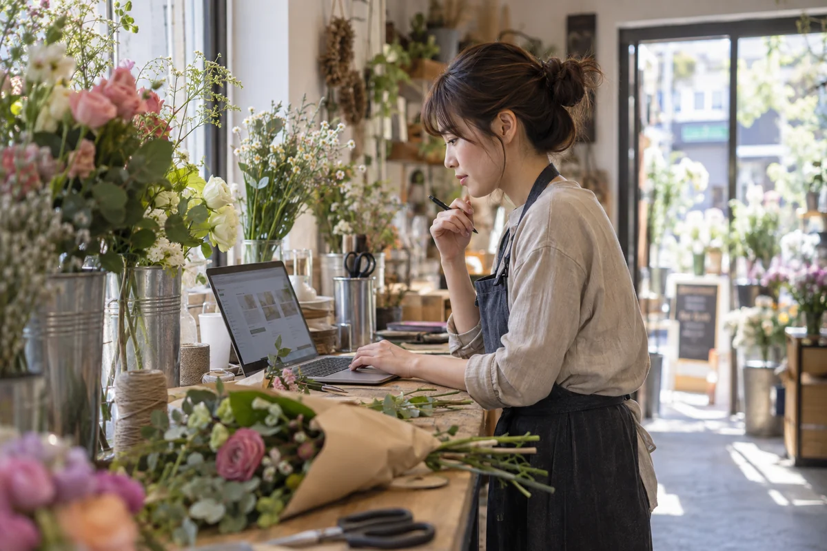 花店の創業者が開店準備の仕事場でオンライン申込画面を確認するAI生成の架空イメージ
