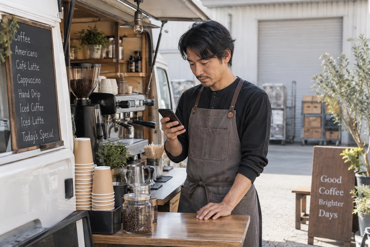 移動式コーヒー店の創業者が開店準備中に携帯電話のSMSを確認するAI生成の架空イメージ