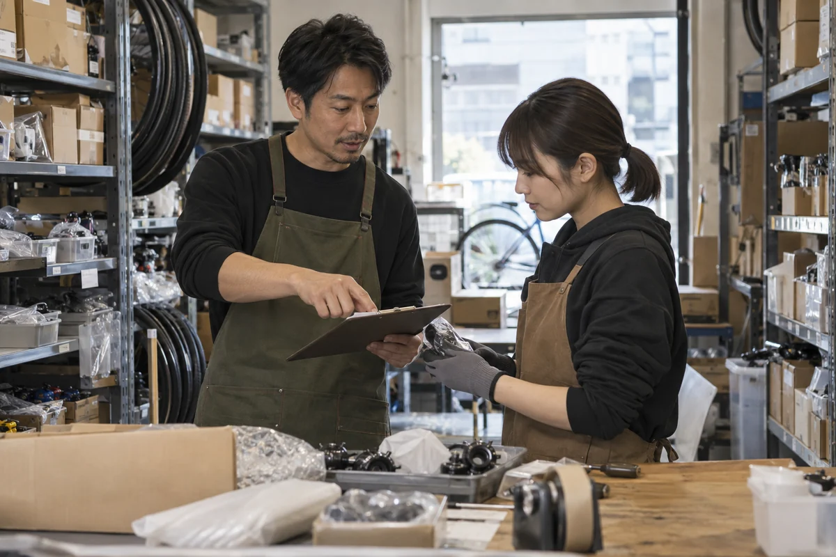 自転車部品の小規模倉庫で創業者が初めての従業員へ在庫確認を教えるAI生成の架空イメージ
