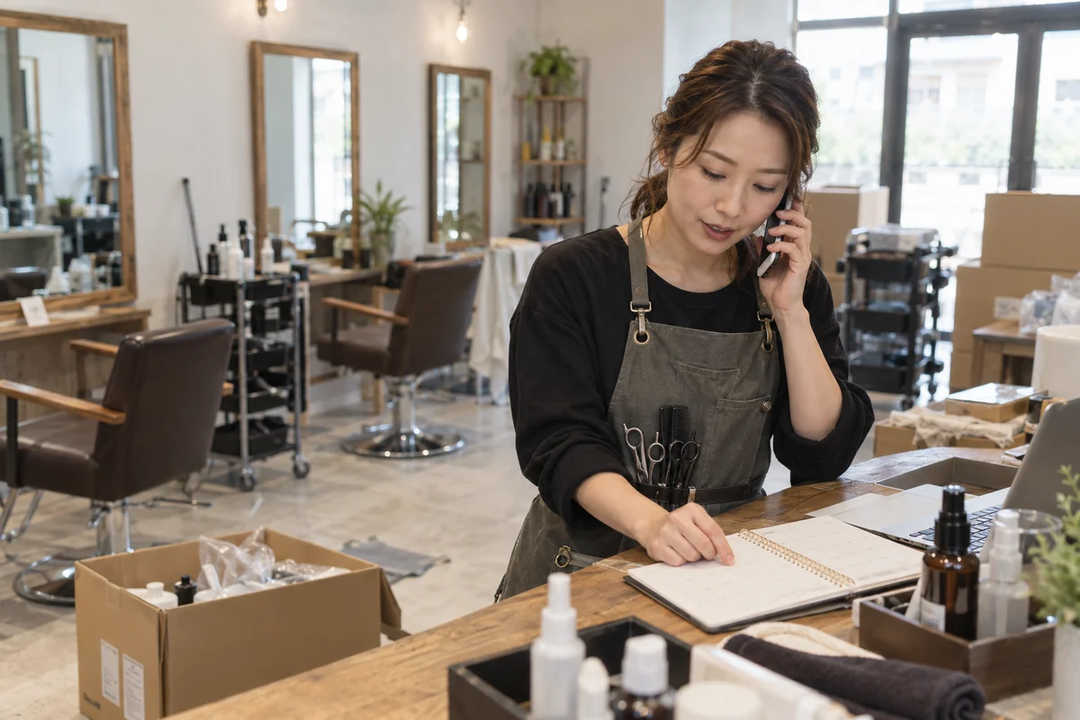 開店準備中の美容室の創業者がカレンダーを見ながら融資面談の日程変更を電話で相談するAI生成の架空イメージ
