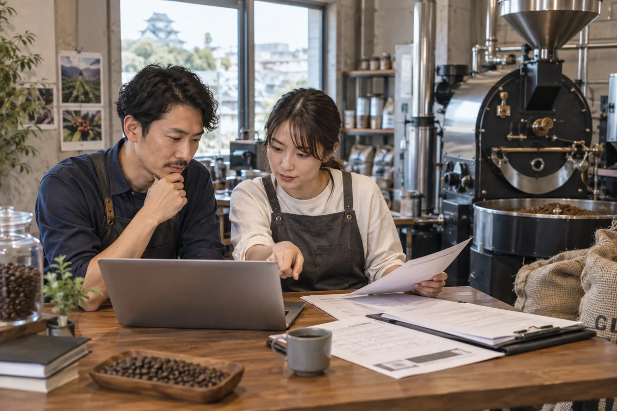コーヒー焙煎業の創業者二人が契約資料とパソコンを見比べるAI生成の架空イメージ