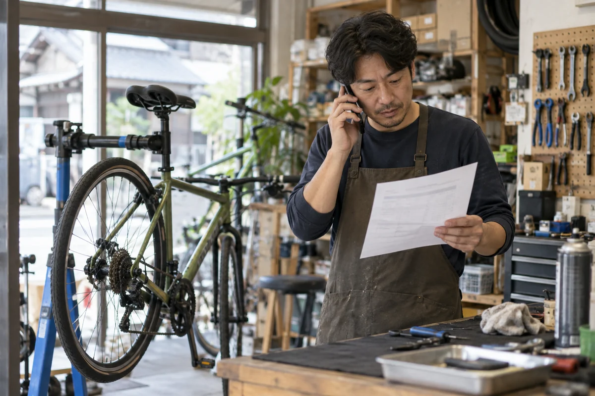 自転車修理店の事業主が作業場で契約書類を見ながら電話するAI生成の架空イメージ