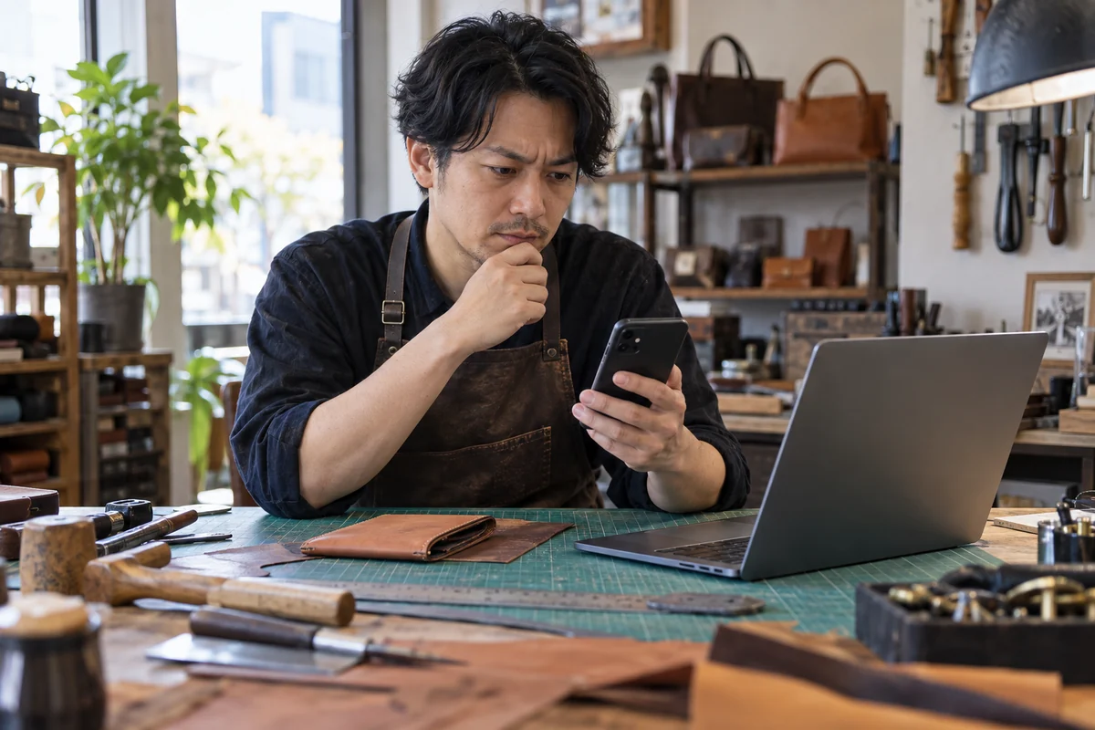革製品店の事業主が作業場で融資を名乗るスマートフォンの連絡を慎重に確認するAI生成の架空イメージ