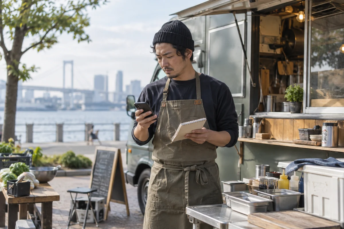 キッチンカーの事業主が営業準備の現場で申込後の着信履歴とメモを確認するAI生成の架空イメージ