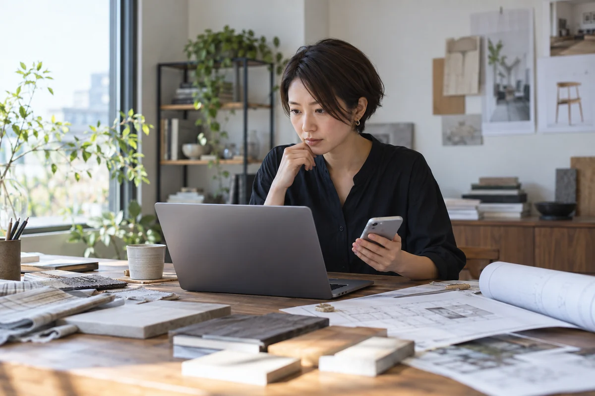 内装デザイン事務所の事業主が設計資料のある机でメール未着を確認するAI生成の架空イメージ
