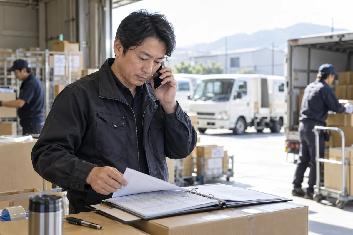 配送事業の事業主が倉庫で引継ぎ資料を確認しながら電話するAI生成の架空イメージ
