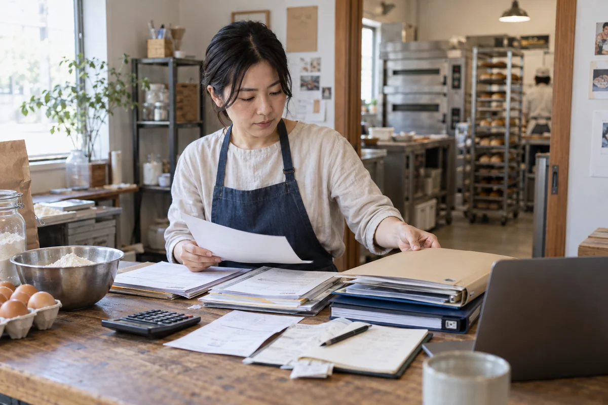 パン製造業の事業主が製造所で申告書類と決算書の束を確認するAI生成の架空イメージ