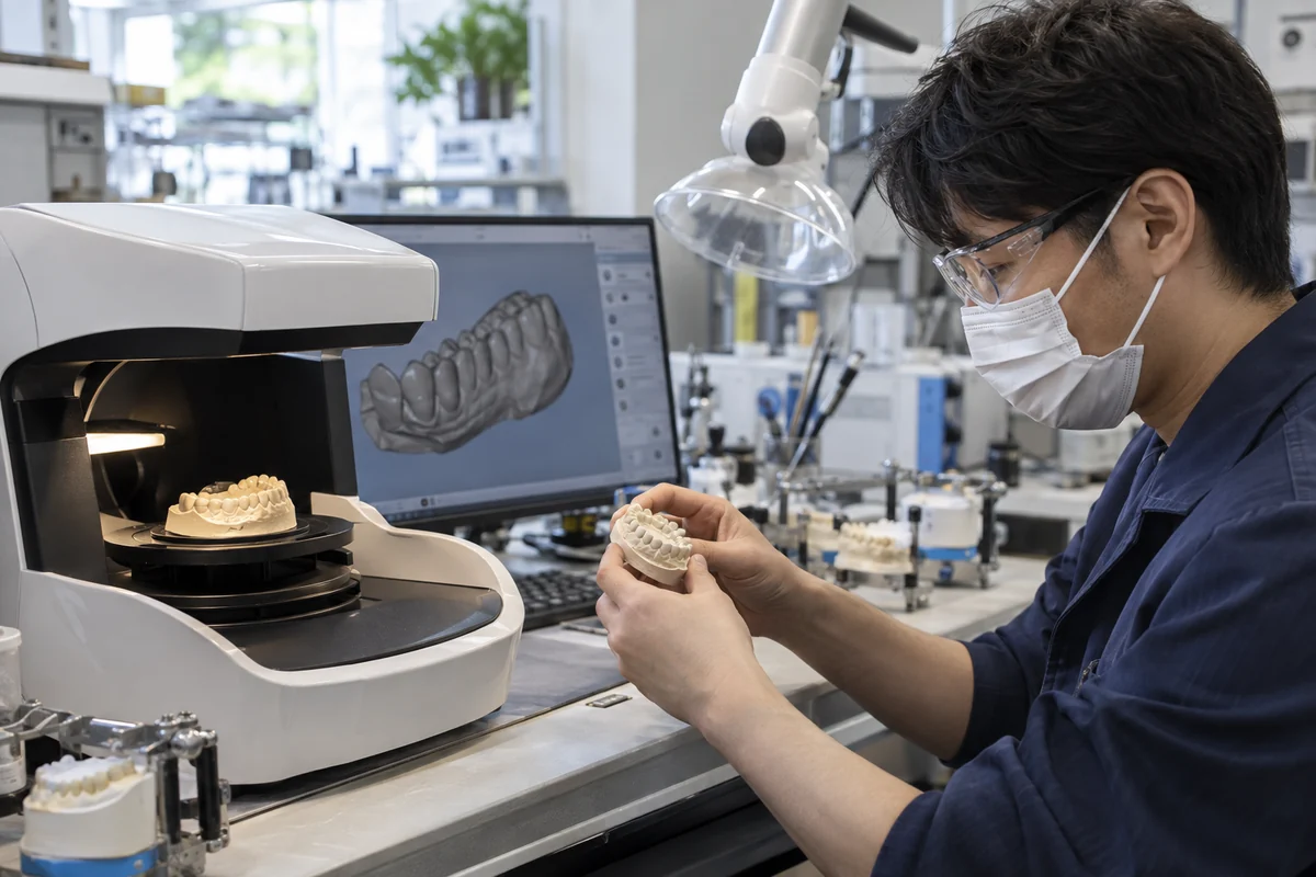歯科技工士が歯科技工所で模型とCAD/CAM装置を確認するAI生成の架空イメージ