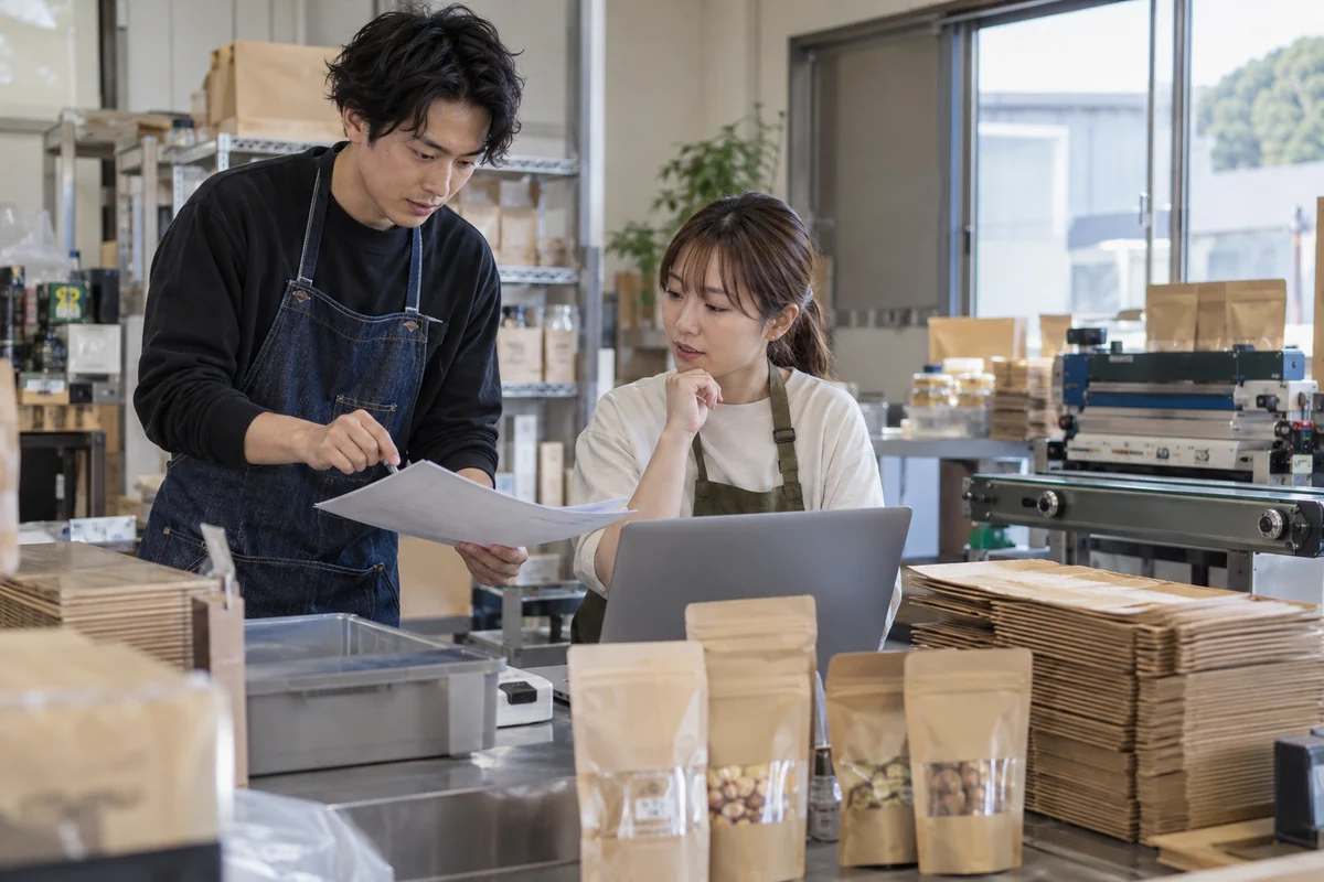 食品包装の作業所で新会社の事業者が受注と価格を検討するAI生成の架空イメージ