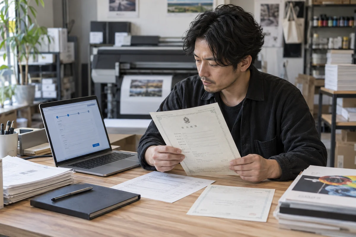 印刷業の事業主が職場で登記事項証明書とオンライン申込画面を照合するAI生成の架空イメージ