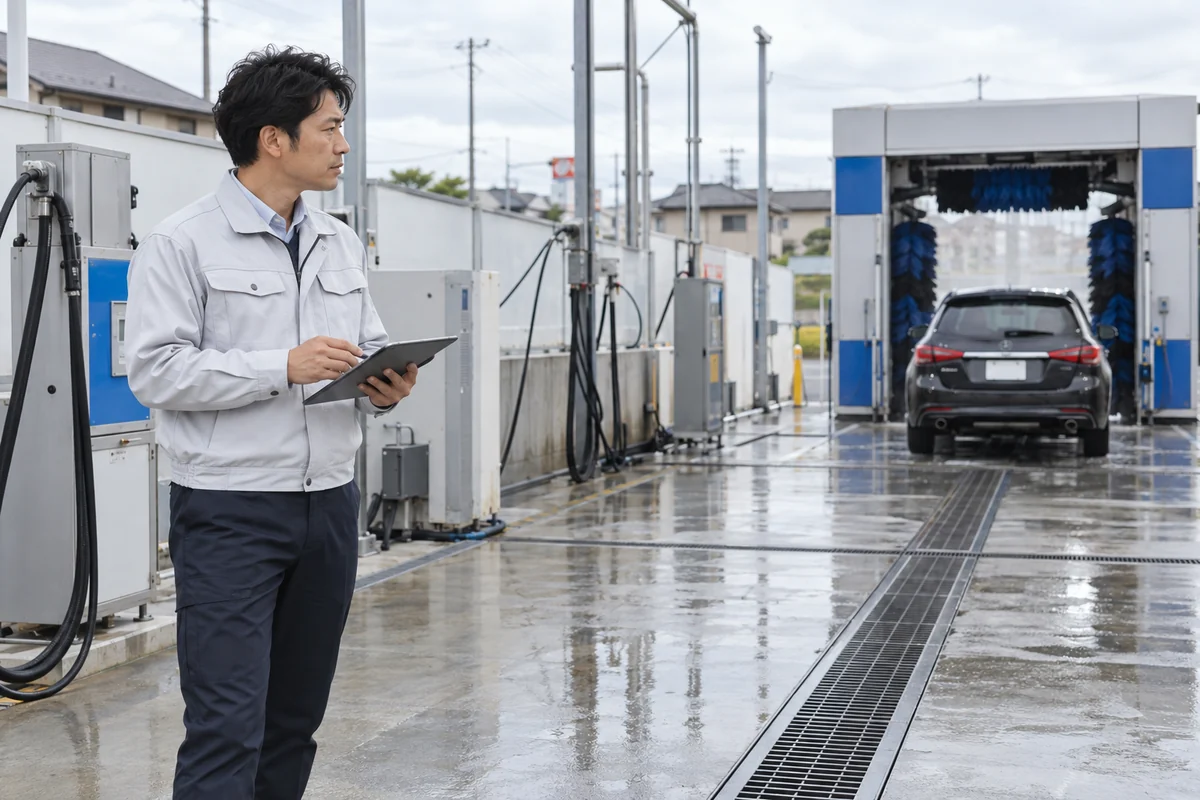 洗車場の事業者が設備と排水路を点検するAI生成の架空イメージ