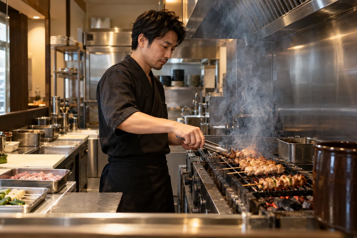 焼鳥店の事業主が業務用焼き台で串を調理するAI生成の架空イメージ