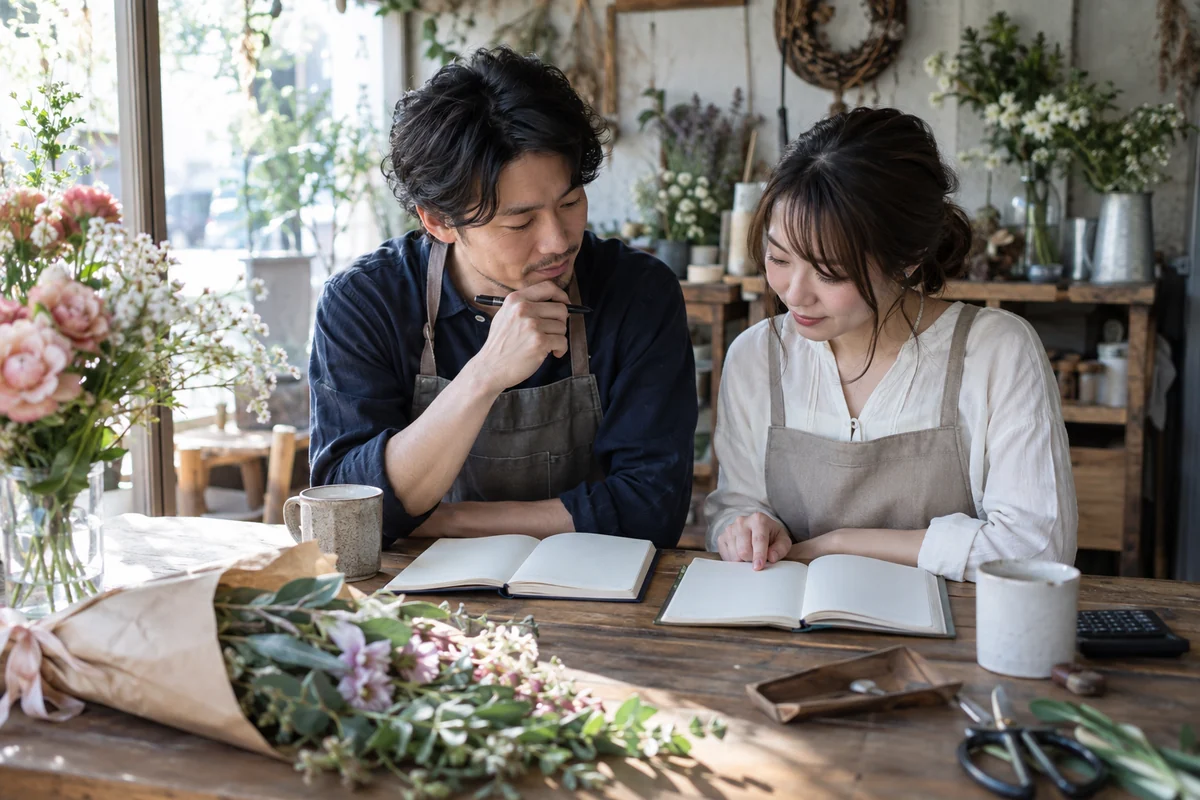 花店の事業主が仕事の後にパートナーと事業用・家計用の別々の帳面を確認するAI生成の架空イメージ